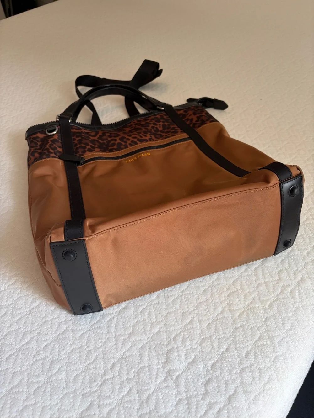 Cole Haan Brown Tote Backpack with Leopard Accent and Black Trim